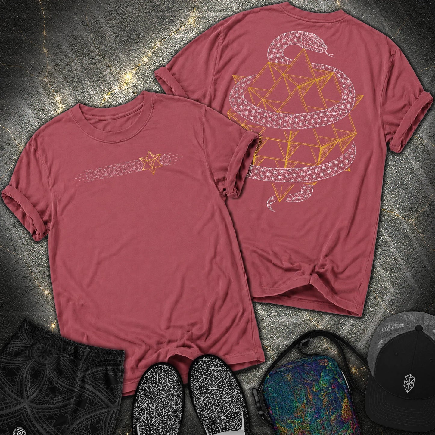 Serpent Tetrahedron Merkaba Geometry 2 Sided Comfort T-Shirt - Serpent Tetrahedron Merkaba Geometry 2 Sided Comfort T-Shirt - Brick