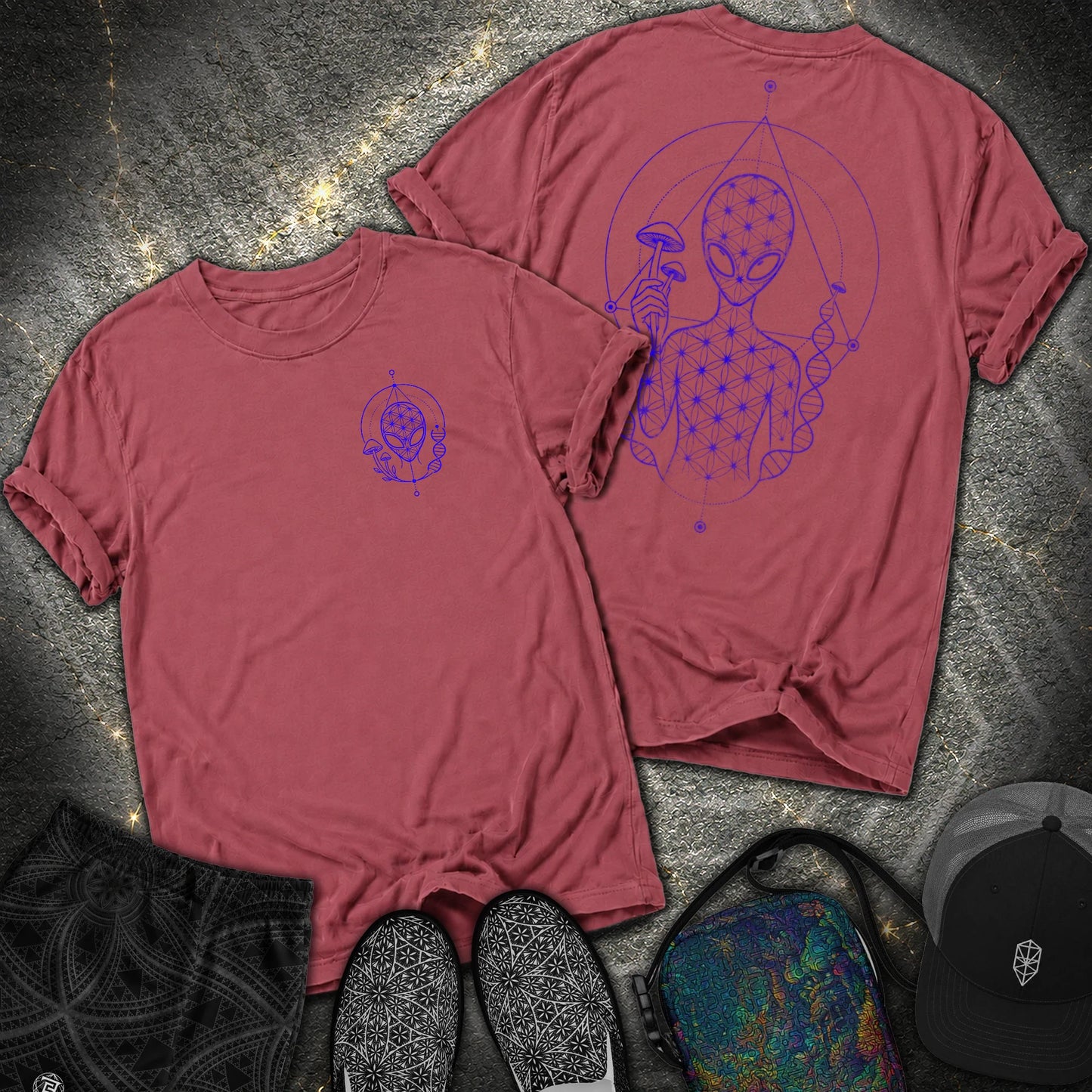 Alien Mushroom Shirt, Sacred Geometry Mushroom Alien 2 Sided T-Shirt - Alien Mushroom Shirt, Sacred Geometry Mushroom Alien 2 Sided Comfort T-Shirt - Brick