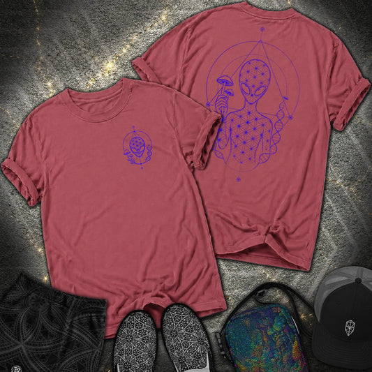 Alien Mushroom Shirt, Sacred Geometry Mushroom Alien 2 Sided T-Shirt - Alien Mushroom Shirt, Sacred Geometry Mushroom Alien 2 Sided Comfort T-Shirt - Brick