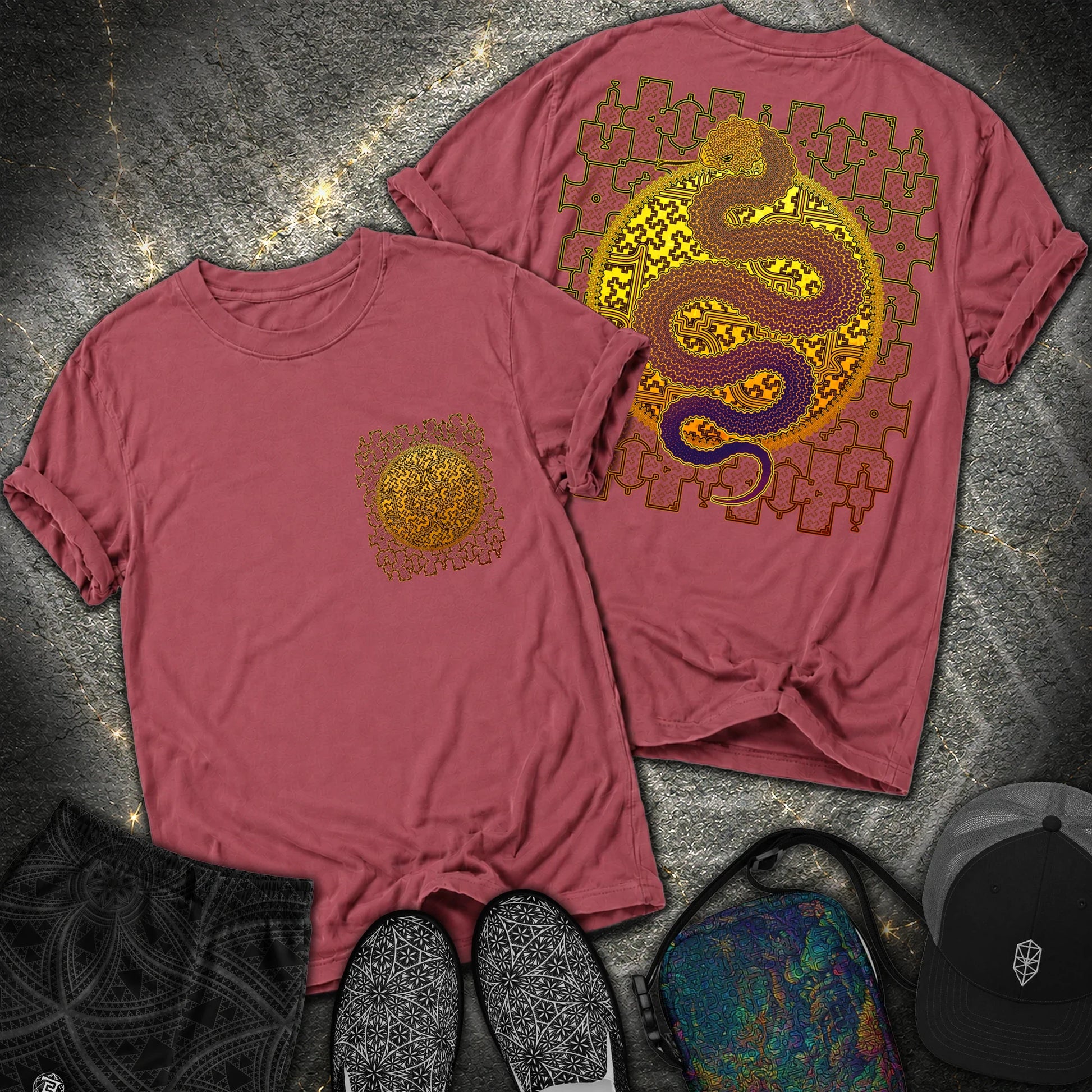 Shipibo Kene Cosmic Snake Comfort 2 Sided T-shirt - Shipibo Kene Cosmic Snake Comfort 2 Sided T-shirt - Brick