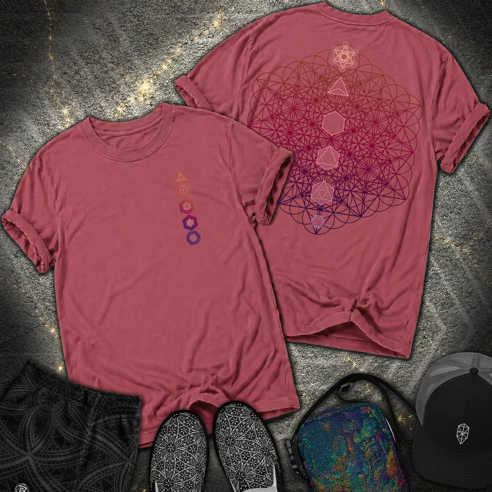 64 Tetrahedron Platonic Solids Metatron 2 Sided Comfort T-shirt - 64 Tetrahedron Platonic Solids Metatron 2 Sided Comfort T-shirt - Brick