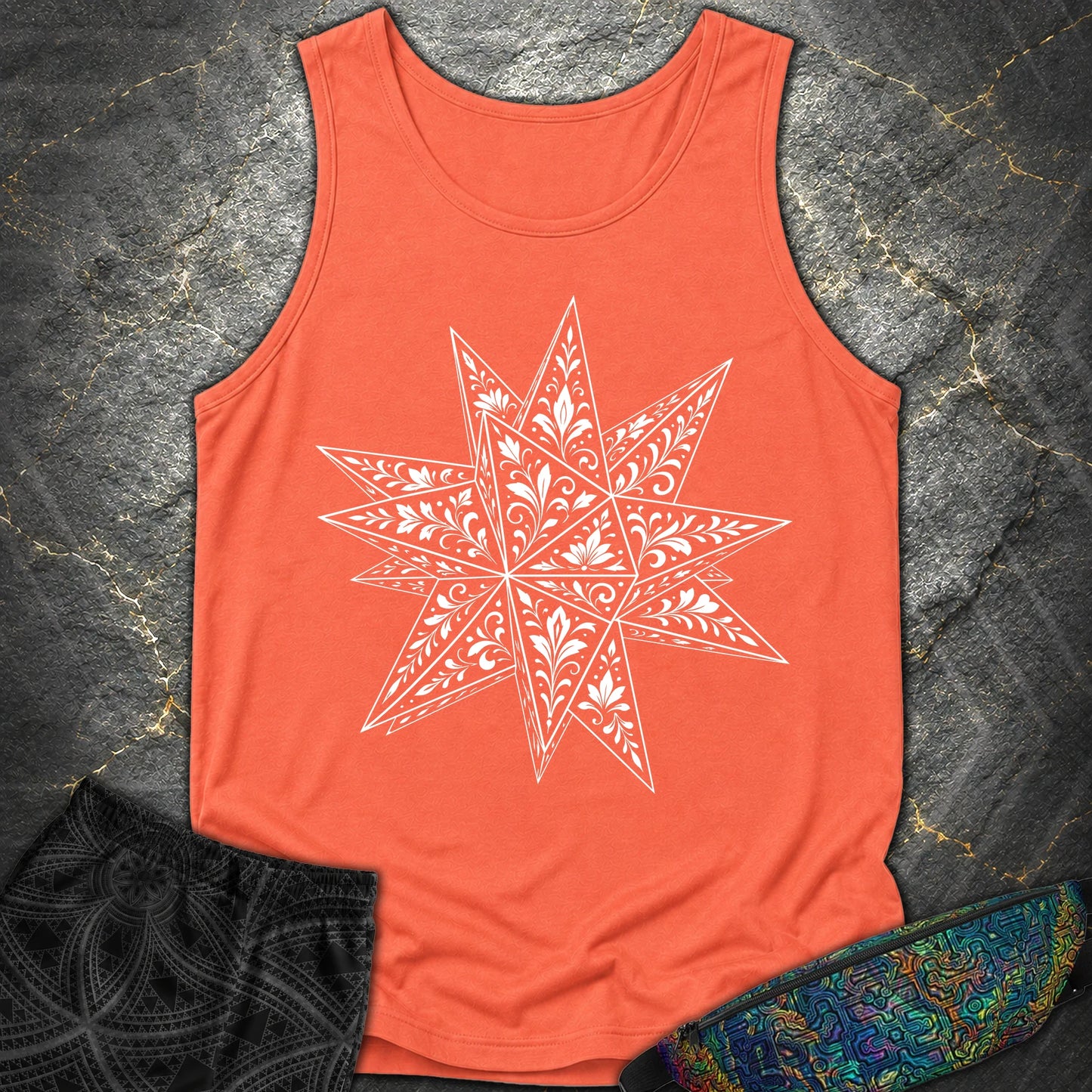 White Floral Stellated Dodecahedron - White Floral Stellated Dodecahedron Comfort Tank Top - Bright Salmon