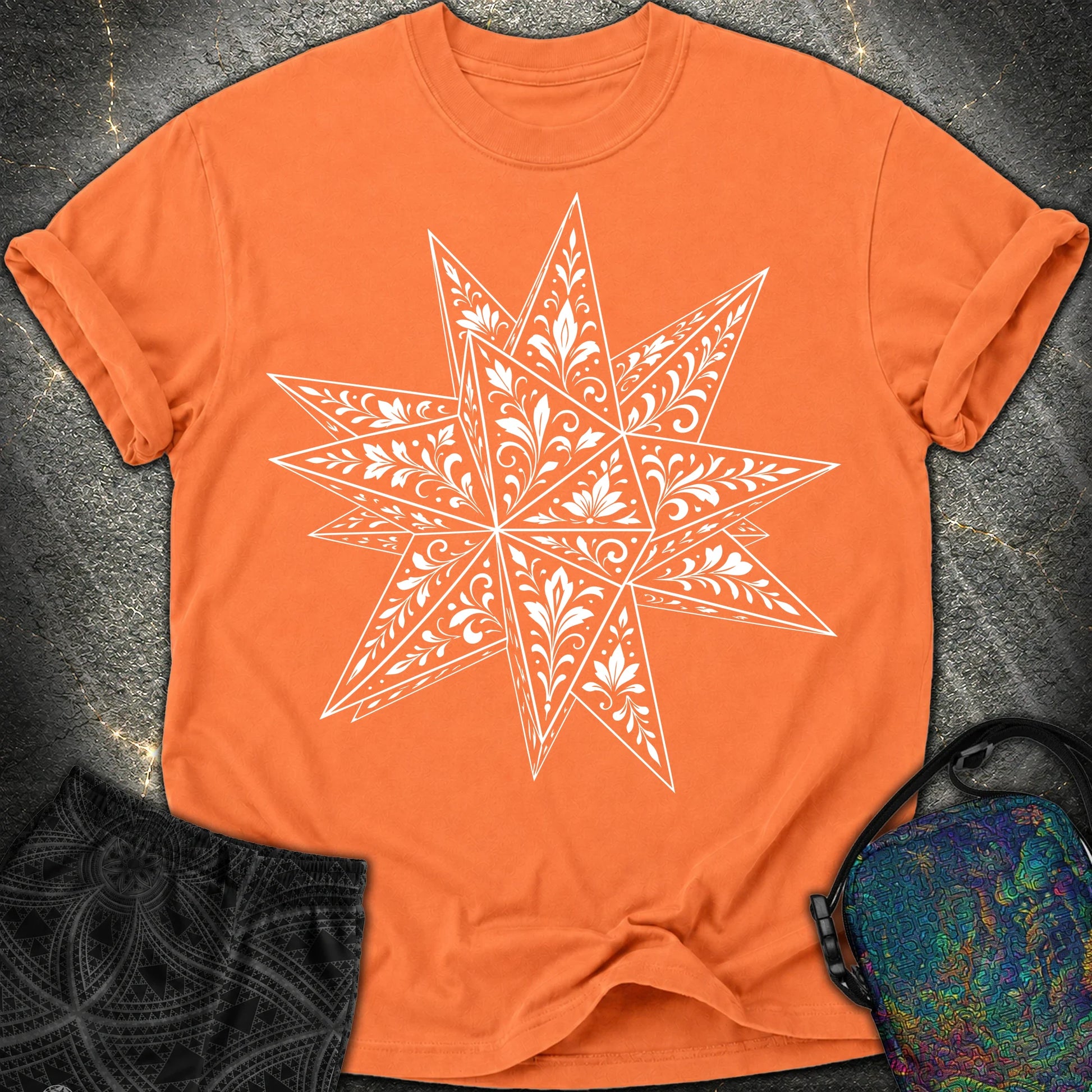 White Floral Stellated Dodecahedron - White Floral Stellated Dodecahedron Comfort T-Shirt - Burnt Orange