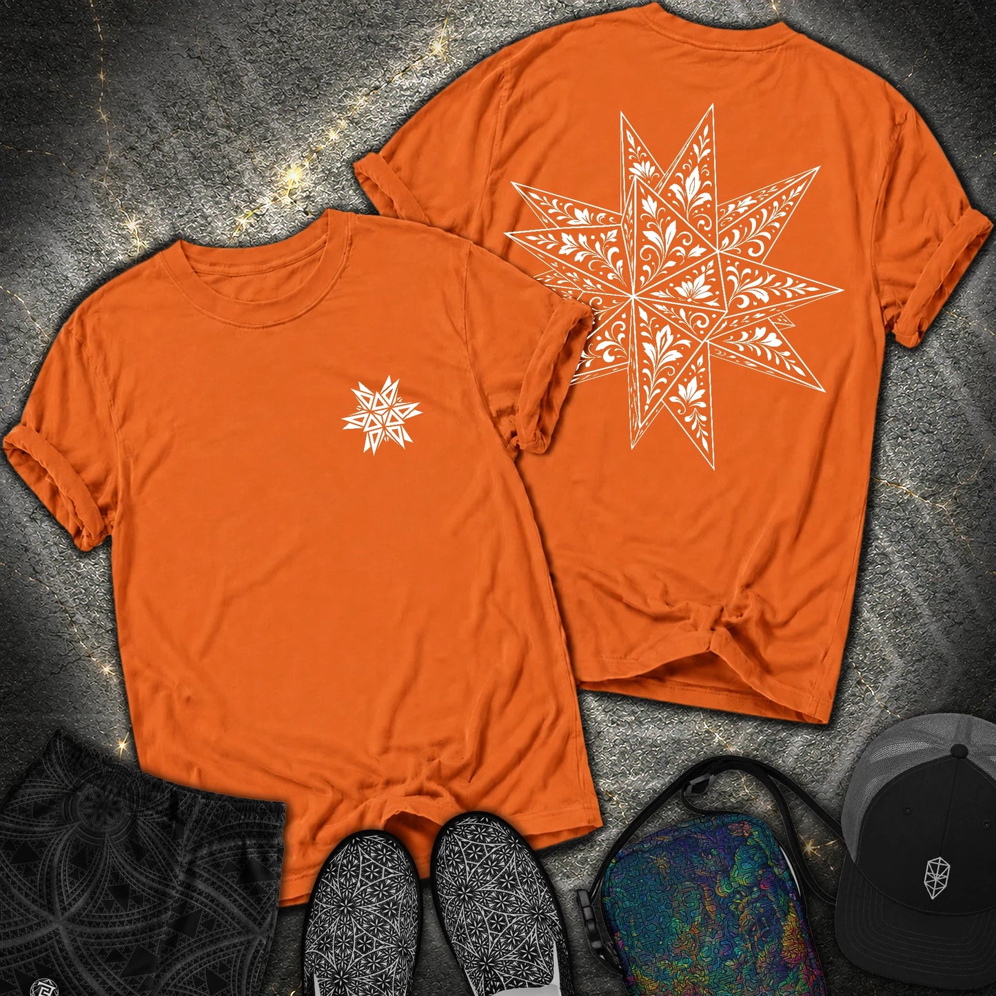 White Floral Stellated Dodecahedron 2 Sided Comfort T-Shirt - White Floral Stellated Dodecahedron 2 Sided Comfort T-Shirt - Burnt Orange