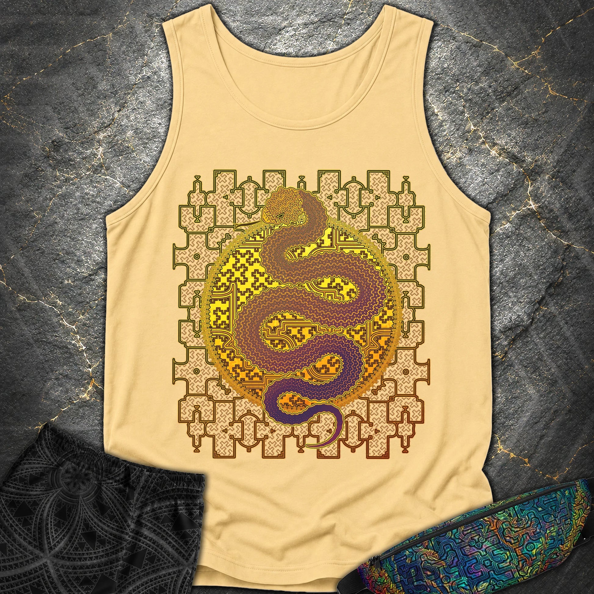 Shipibo Kene Cosmic Snake - Shipibo Kene Cosmic Snake Tank Top - Butter