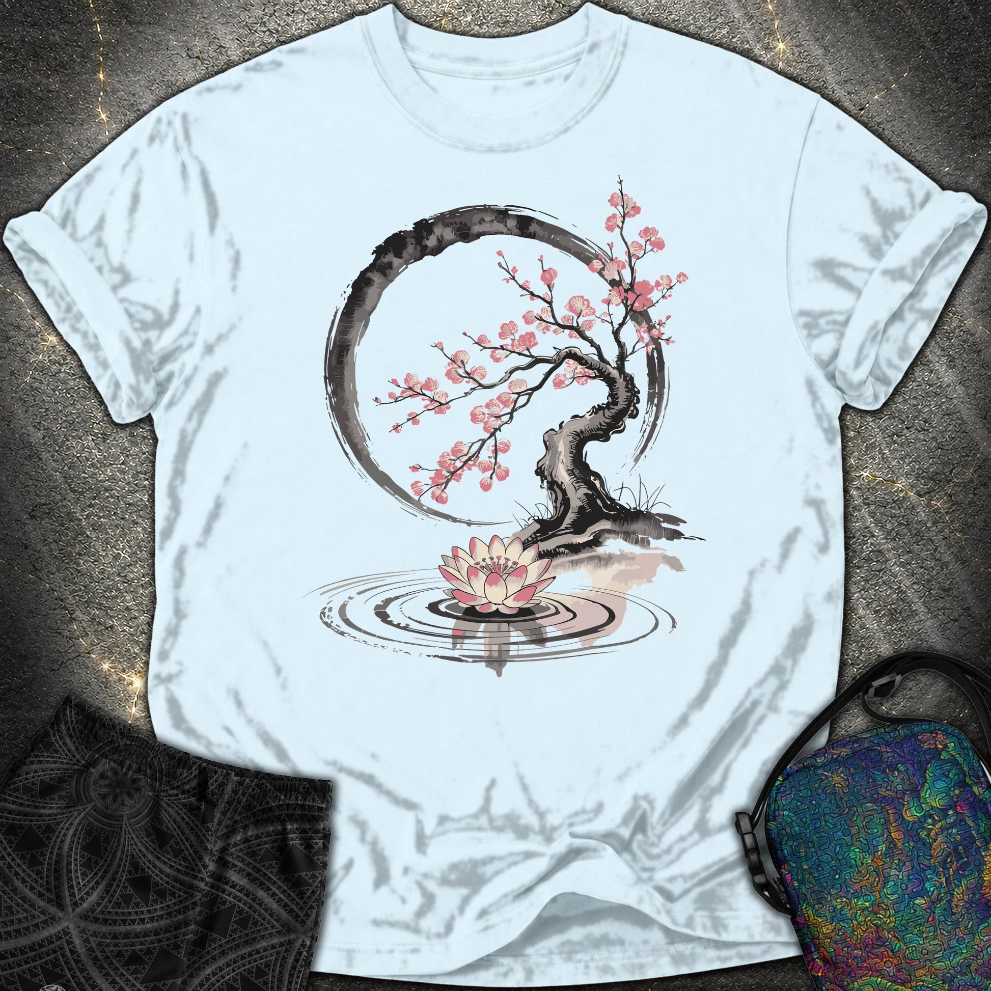 Cherry Blossom Lotus Zen Comfort T-shirt - Cherry Blossom Lotus Zen Comfort T-shirt - Chambray