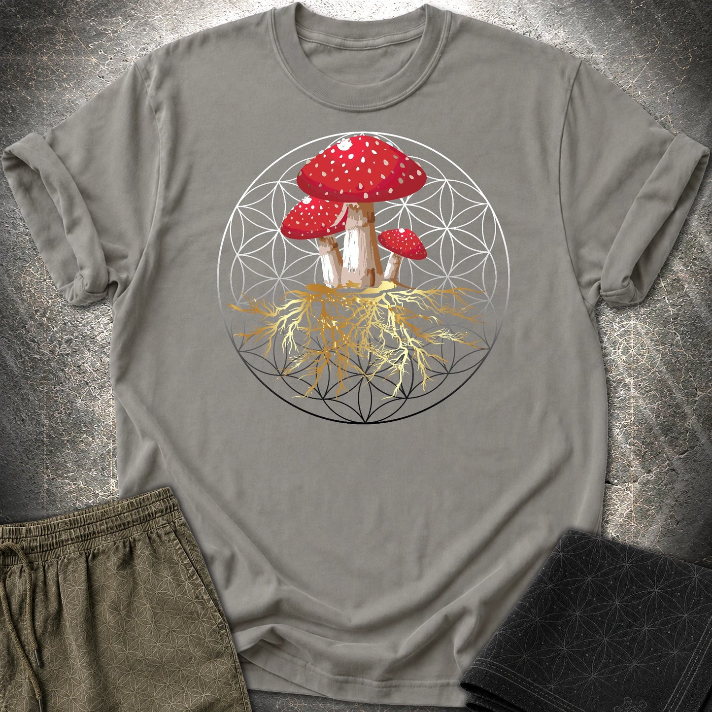 Fly Agaric Flower Of Life T-Shirt - Fly Agaric Flower Of Life T-Shirt - Charcoal