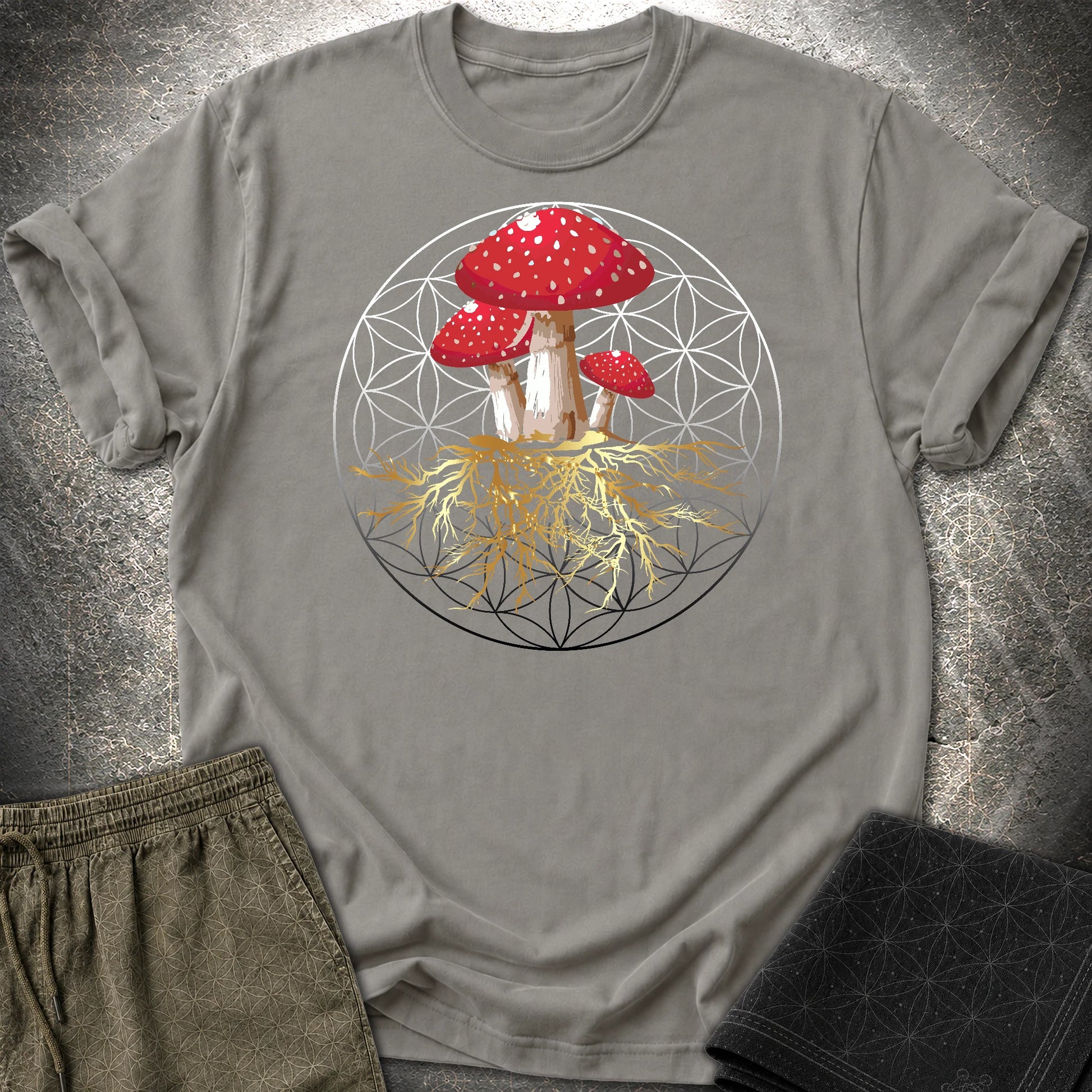 Fly Agaric Flower Of Life T-Shirt - Fly Agaric Flower Of Life T-Shirt - Charcoal