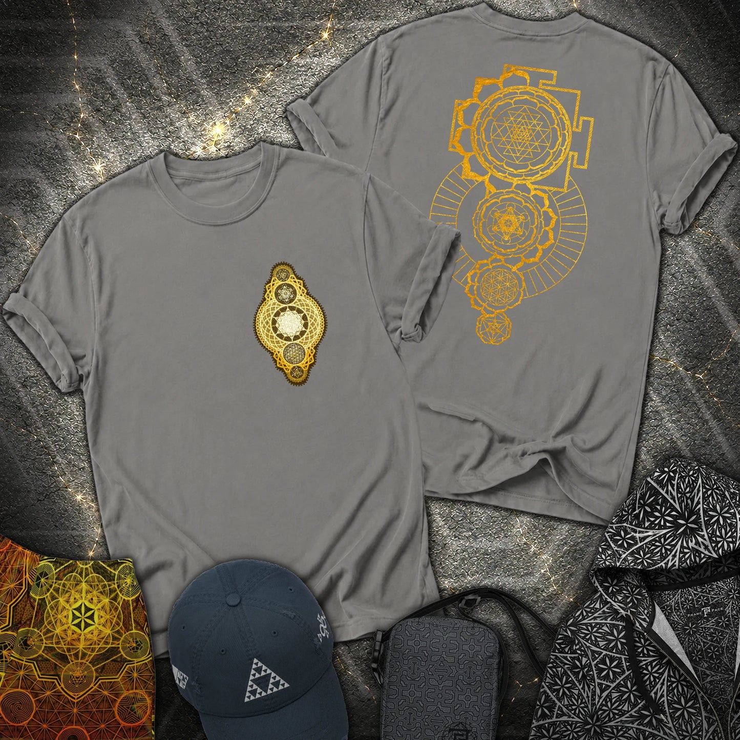 Gold Sacred Geometry Sri Yantra 2 Sided T-Shirt - Gold Sacred Geometry Sri Yantra 2 Sided T-Shirt - Charcoal