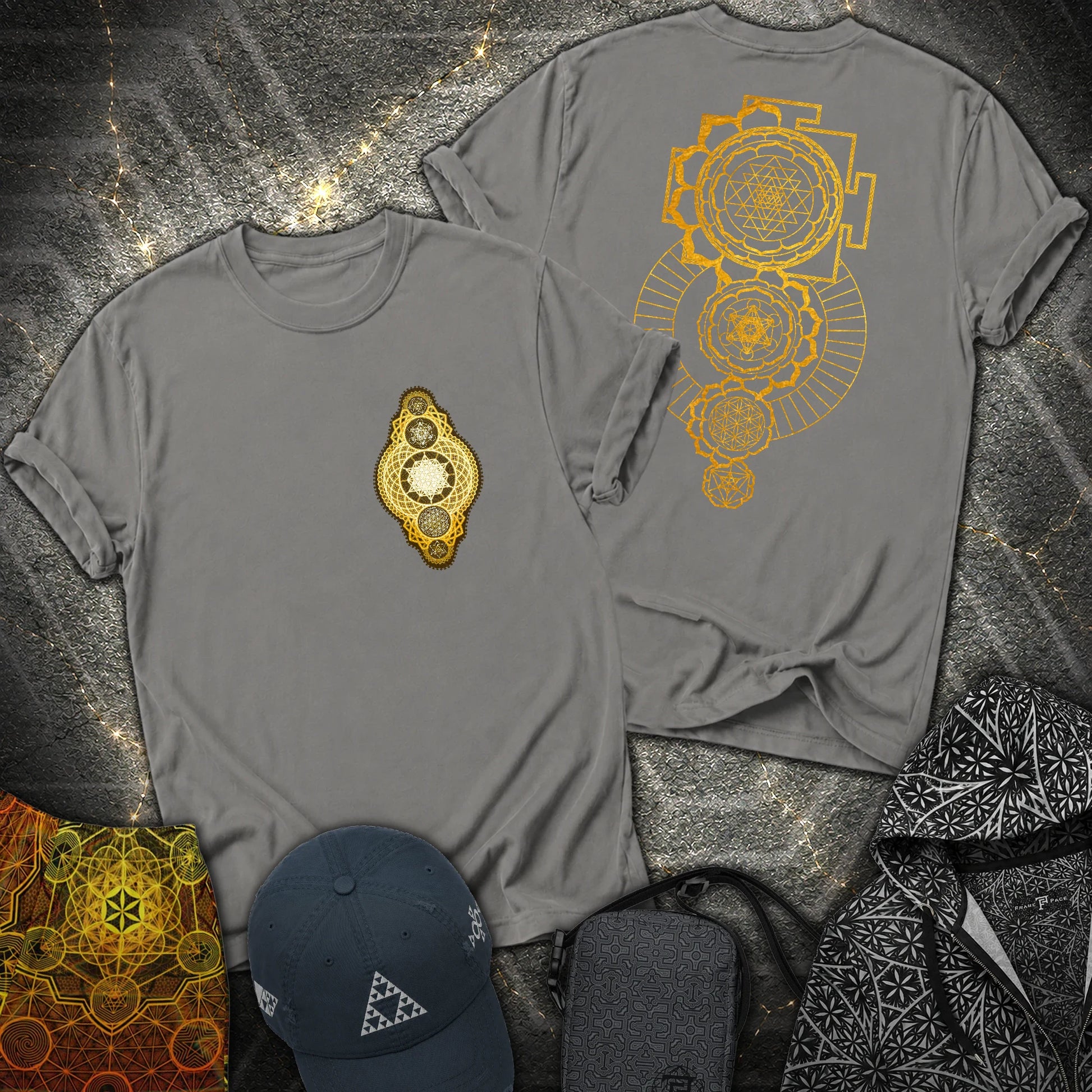 Gold Sacred Geometry Sri Yantra 2 Sided T-Shirt - Gold Sacred Geometry Sri Yantra 2 Sided T-Shirt - Charcoal