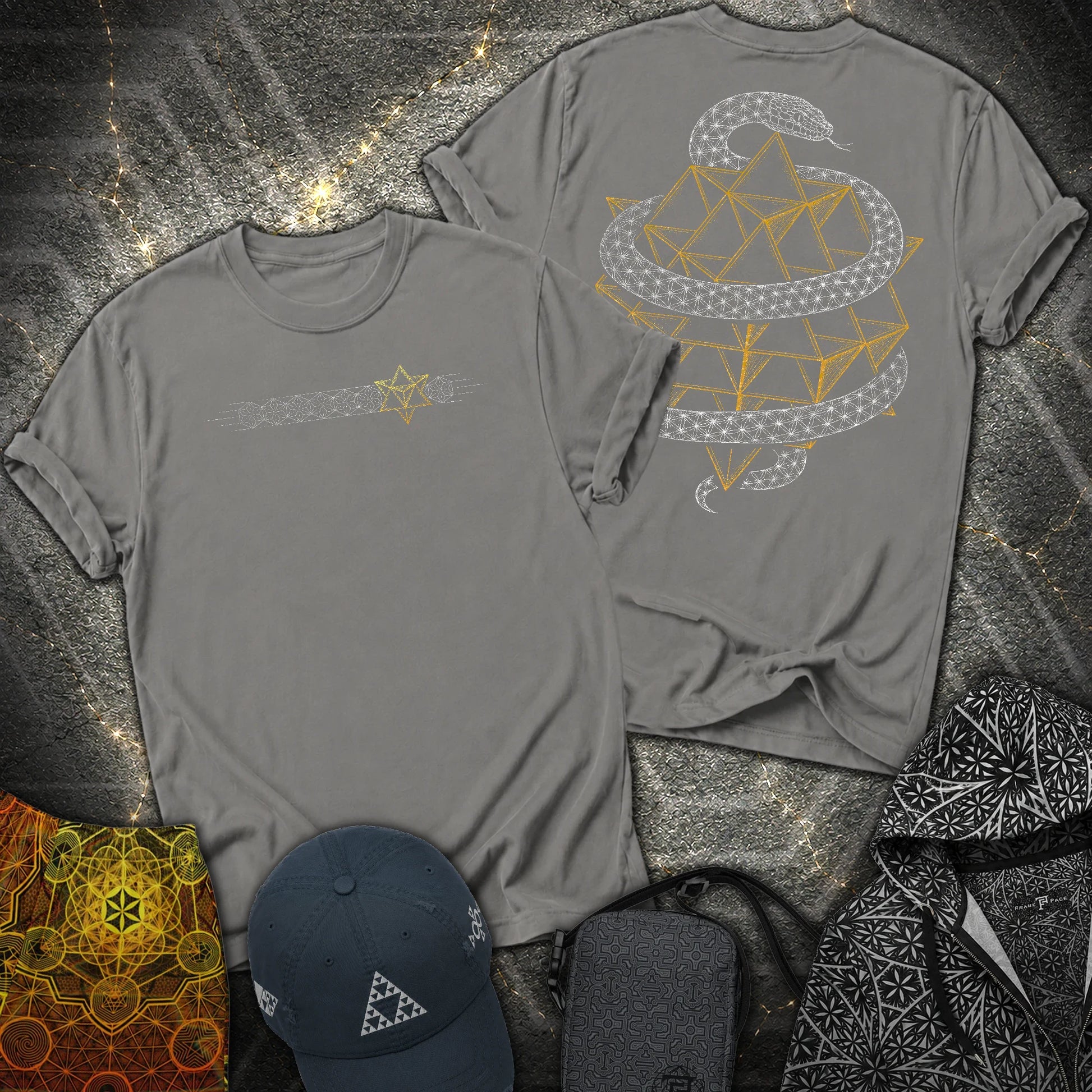 Serpent Tetrahedron Merkaba Geometry 2 Sided T-Shirt - Serpent Tetrahedron Merkaba Geometry 2 Sided T-Shirt - Charcoal