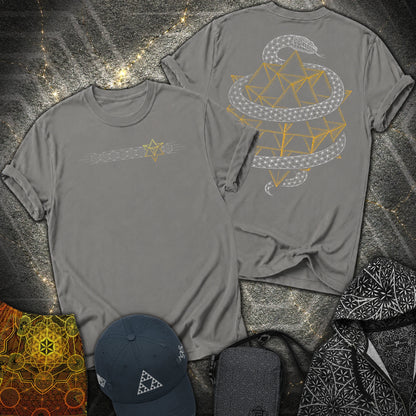 Serpent Tetrahedron Merkaba Geometry 2 Sided T-Shirt - Serpent Tetrahedron Merkaba Geometry 2 Sided T-Shirt - Charcoal