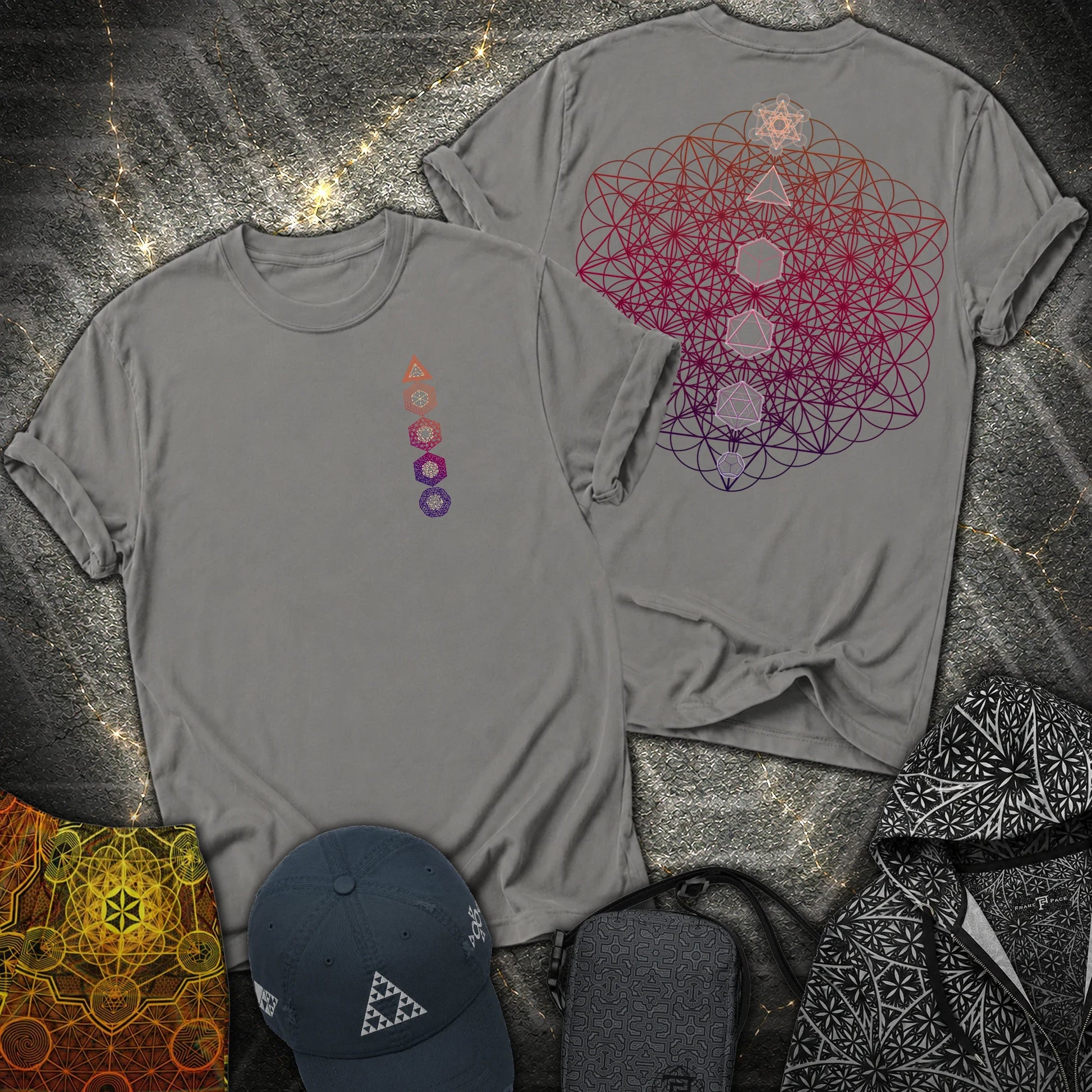 64 Tetrahedron Platonic Solids Metatron 2 Sided T-Shirt - 64 Tetrahedron Platonic Solids Metatron 2 Sided T-Shirt - Charcoal