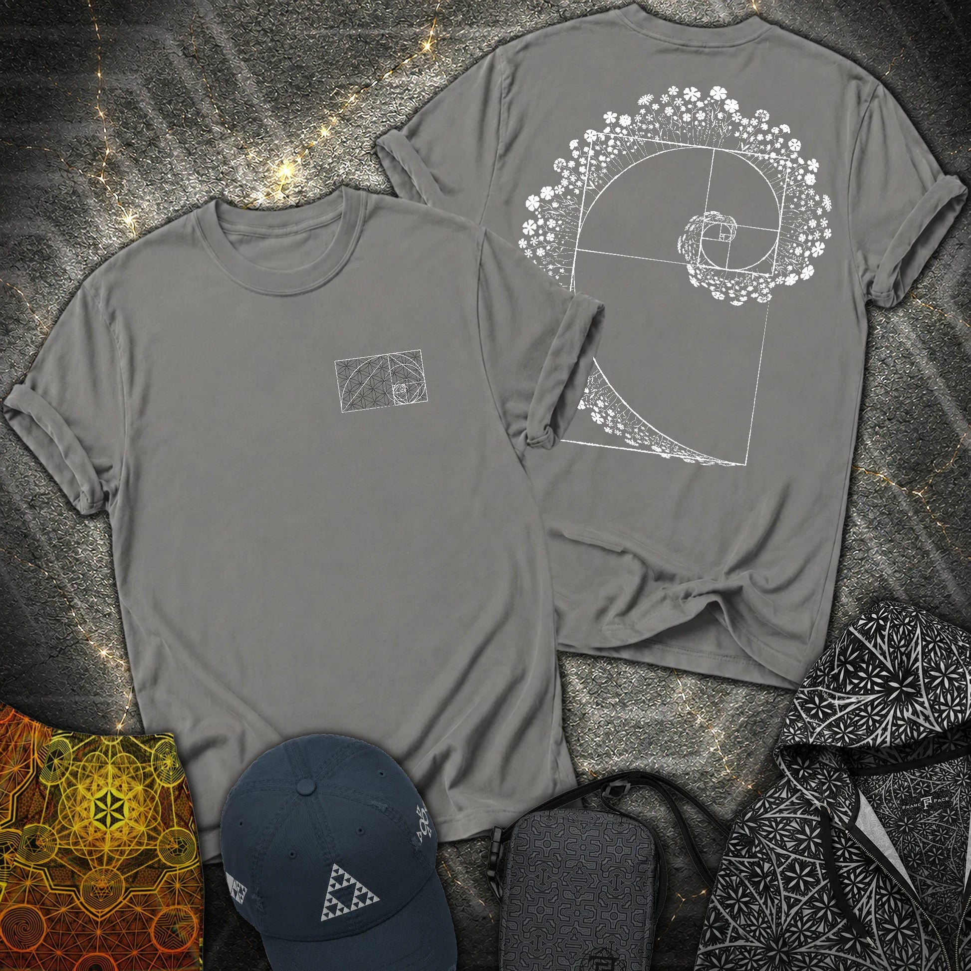 Floral Golden Ratio Spiral 2 Sided T-Shirt - Floral Golden Ratio Spiral 2 Sided T-Shirt - Charcoal