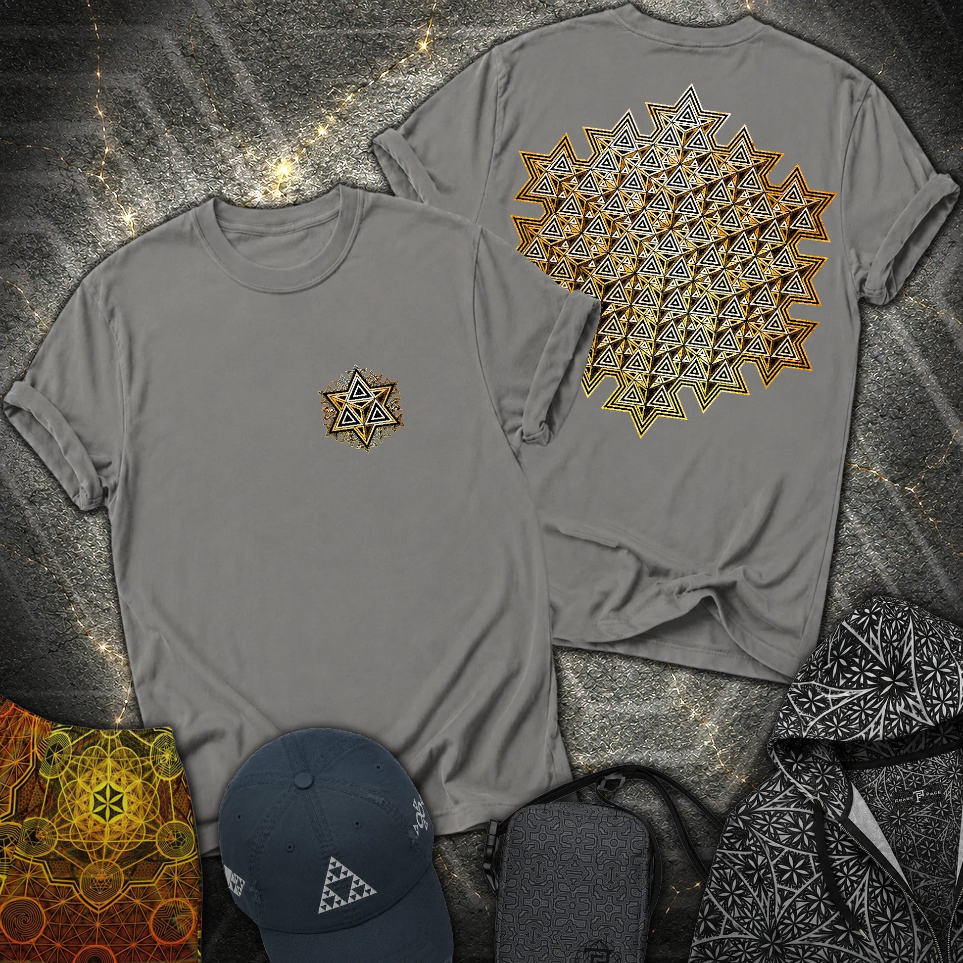Sacred Gold Merkaba 2 Sided T-Shirt - Sacred Gold Merkaba 2 Sided T-Shirt - Charcoal