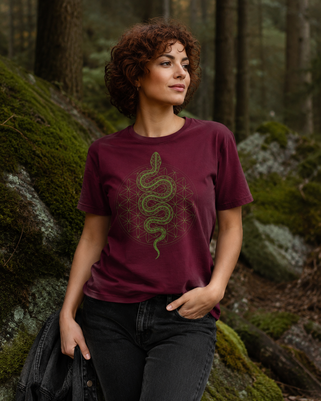 Snake Sacred Geometry Shirt, Flower of Life Serpent Tee, Green Kundalini Graphic, Mystic Spiritual T-Shirt  Description: