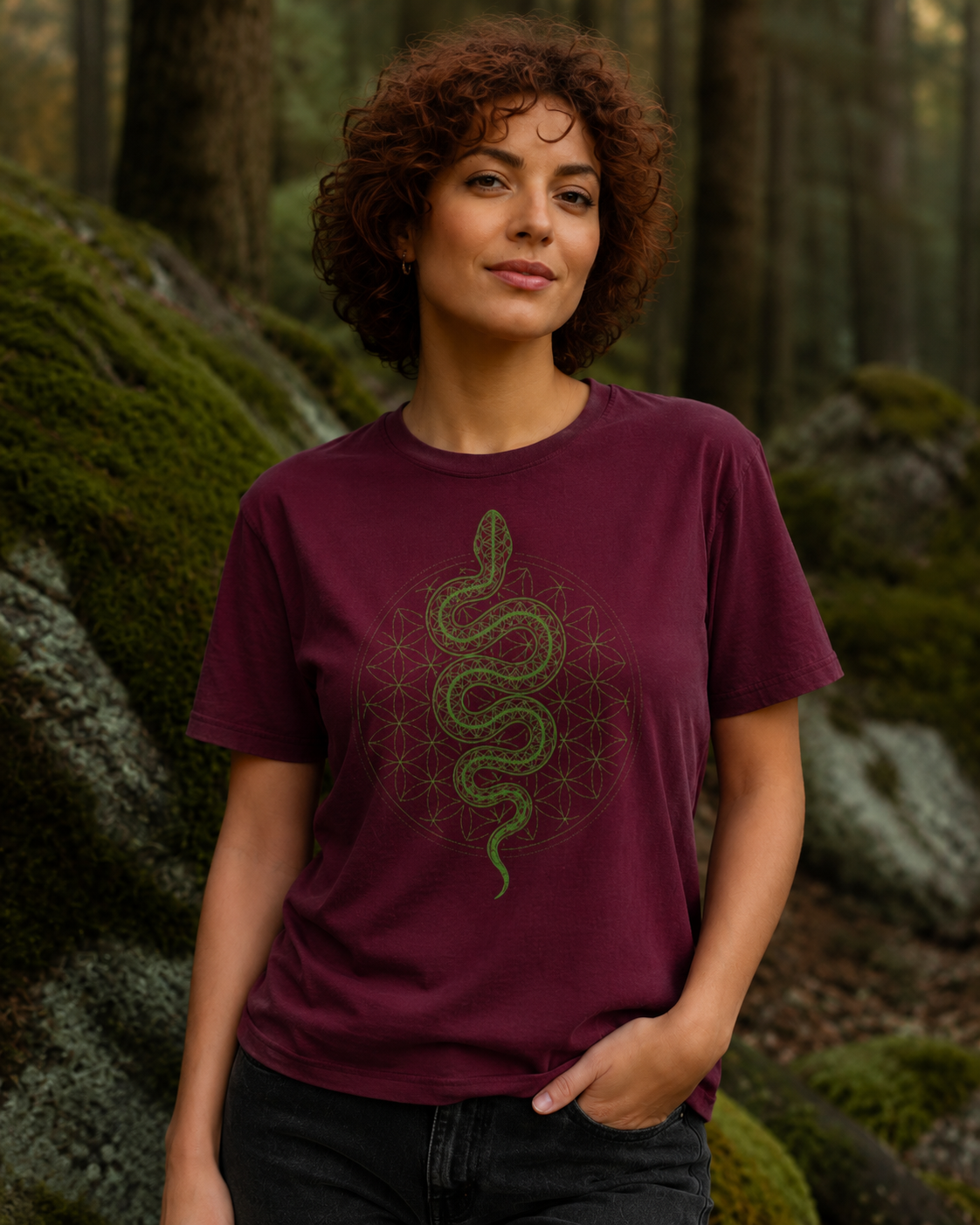 Snake Sacred Geometry Shirt, Flower of Life Serpent Tee, Green Kundalini Graphic, Mystic Spiritual T-Shirt  Description: