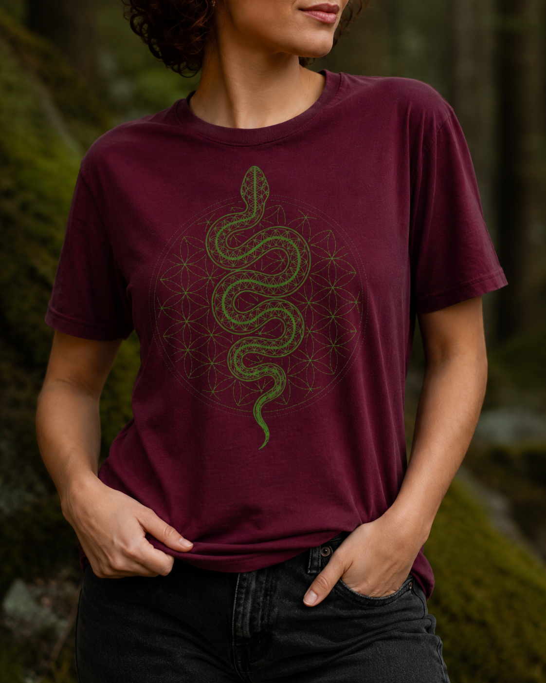 Snake Sacred Geometry Shirt, Flower of Life Serpent Tee, Green Kundalini Graphic, Mystic Spiritual T-Shirt  Description: