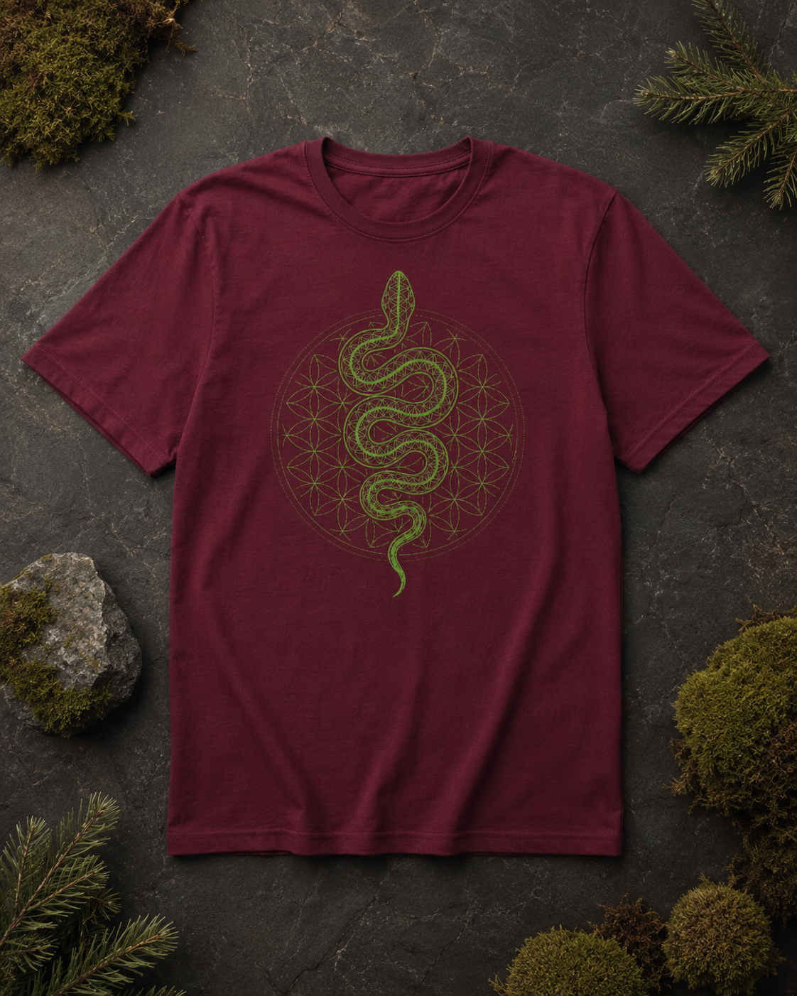 Snake Sacred Geometry Shirt, Flower of Life Serpent Tee, Green Kundalini Graphic, Mystic Spiritual T-Shirt  Description:
