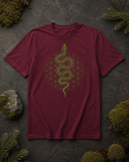 Snake Sacred Geometry Shirt, Flower of Life Serpent Tee, Green Kundalini Graphic, Mystic Spiritual T-Shirt  Description: