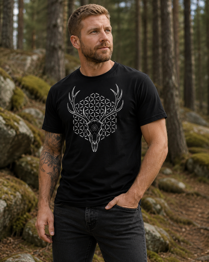 Deer Skull Sacred Geometry Shirt, Antler Flower of Life Tee, Gothic Nature Graphic, Mystic Stag Skull T-Shirt