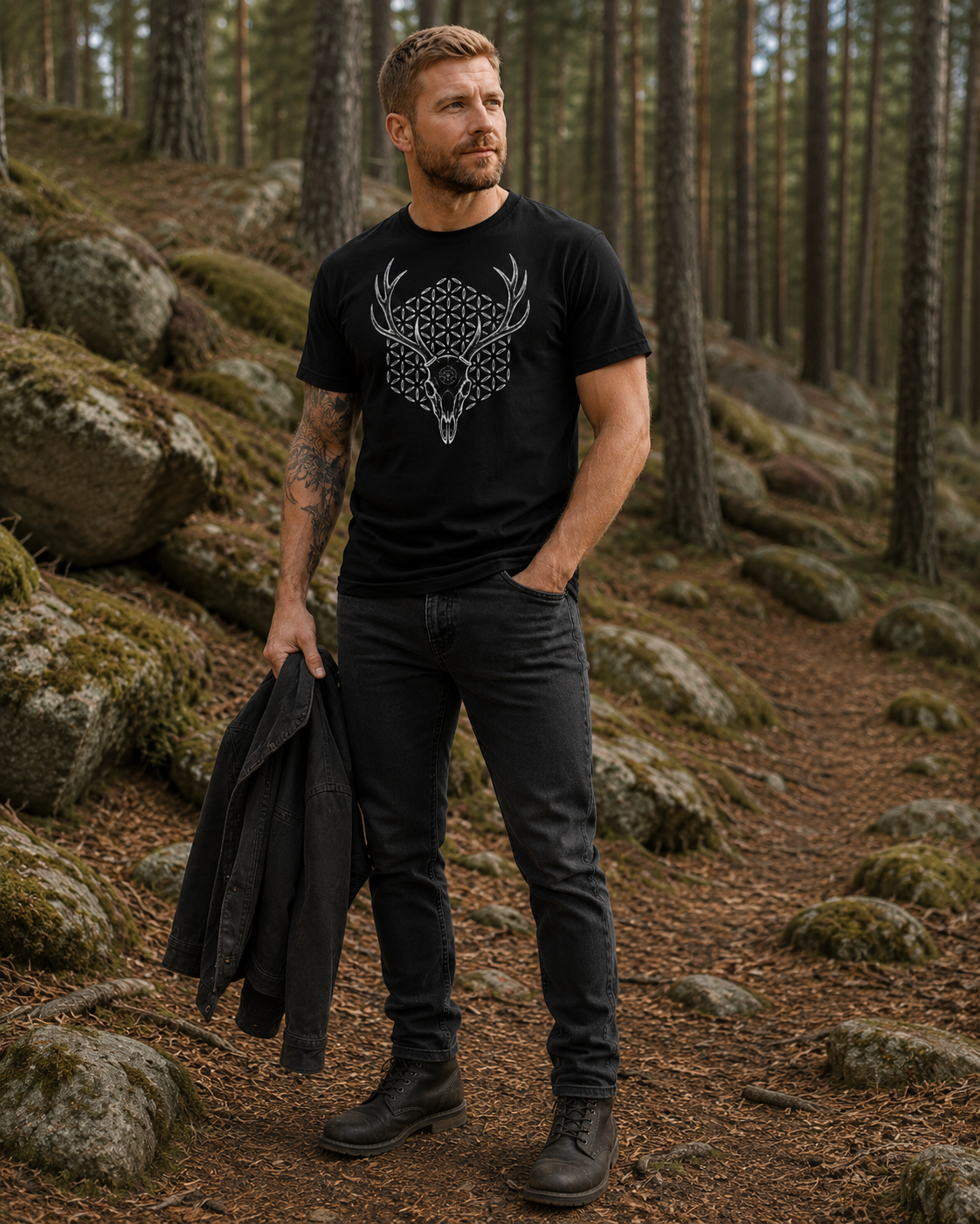 Deer Skull Sacred Geometry Shirt, Antler Flower of Life Tee, Gothic Nature Graphic, Mystic Stag Skull T-Shirt