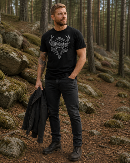 Deer Skull Sacred Geometry Shirt, Antler Flower of Life Tee, Gothic Nature Graphic, Mystic Stag Skull T-Shirt