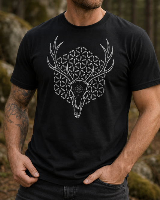 Deer Skull Sacred Geometry Shirt, Antler Flower of Life Tee, Gothic Nature Graphic, Mystic Stag Skull T-Shirt