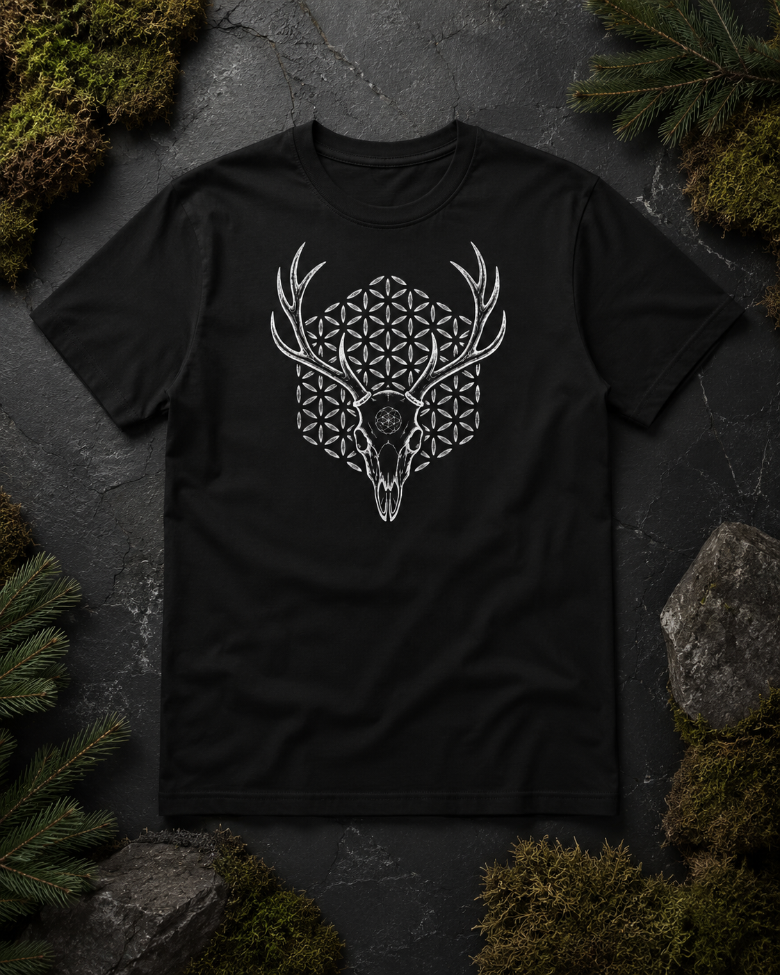 Deer Skull Sacred Geometry Shirt, Antler Flower of Life Tee, Gothic Nature Graphic, Mystic Stag Skull T-Shirt