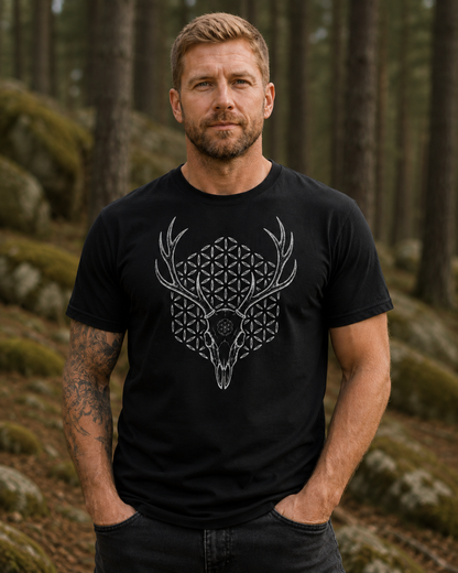 Deer Skull Sacred Geometry Shirt, Antler Flower of Life Tee, Gothic Nature Graphic, Mystic Stag Skull T-Shirt
