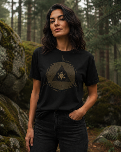 Metatron Cube Shirt, Sacred Geometry Sunburst Tee, Gold Esoteric Mandala Graphic, Mystic Geometric T-Shirt