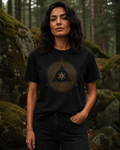 Metatron Cube Shirt, Sacred Geometry Sunburst Tee, Gold Esoteric Mandala Graphic, Mystic Geometric T-Shirt