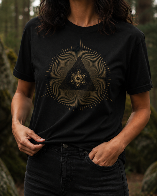 Metatron Cube Shirt, Sacred Geometry Sunburst Tee, Gold Esoteric Mandala Graphic, Mystic Geometric T-Shirt