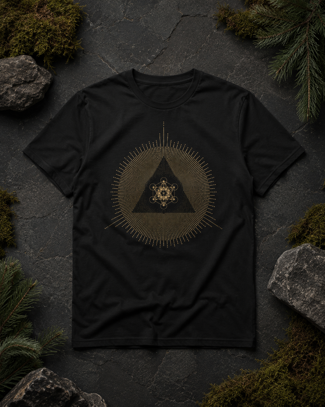 Metatron Cube Shirt, Sacred Geometry Sunburst Tee, Gold Esoteric Mandala Graphic, Mystic Geometric T-Shirt