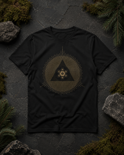 Metatron Cube Shirt, Sacred Geometry Sunburst Tee, Gold Esoteric Mandala Graphic, Mystic Geometric T-Shirt