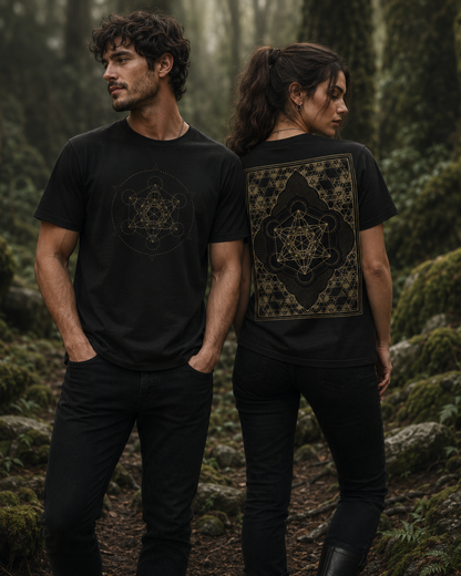 Metatron Cube Shirt, Sacred Geometry Front Back Tee, Gold Esoteric Mandala Graphic, Mystic Geometric 2 Sided T-Shirt