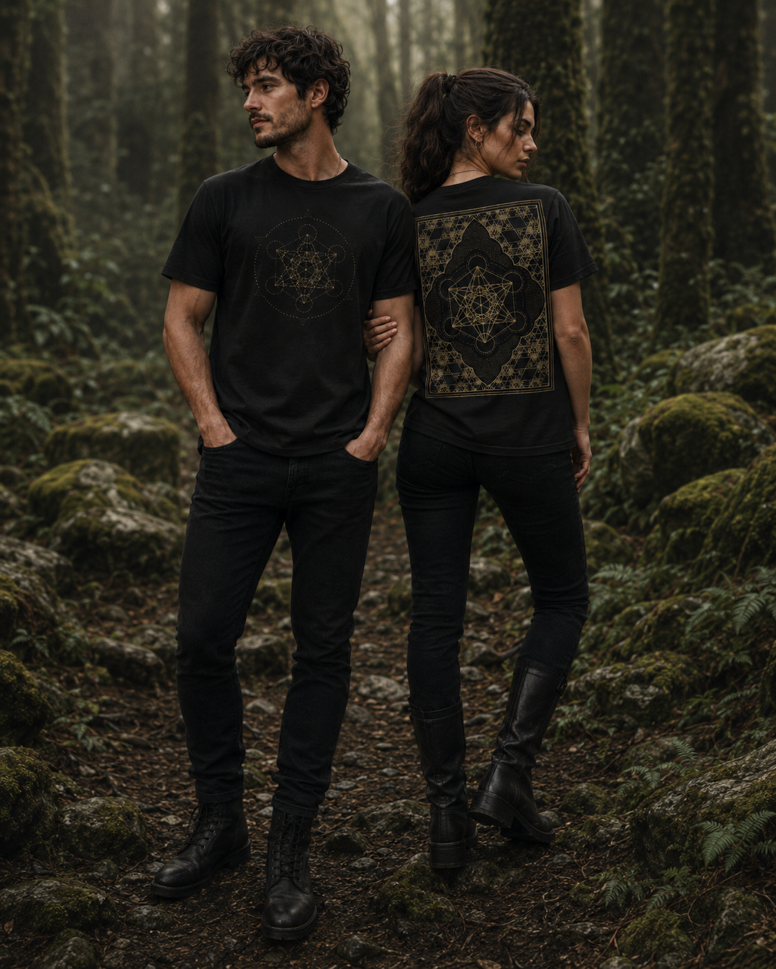 Metatron Cube Shirt, Sacred Geometry Front Back Tee, Gold Esoteric Mandala Graphic, Mystic Geometric 2 Sided T-Shirt