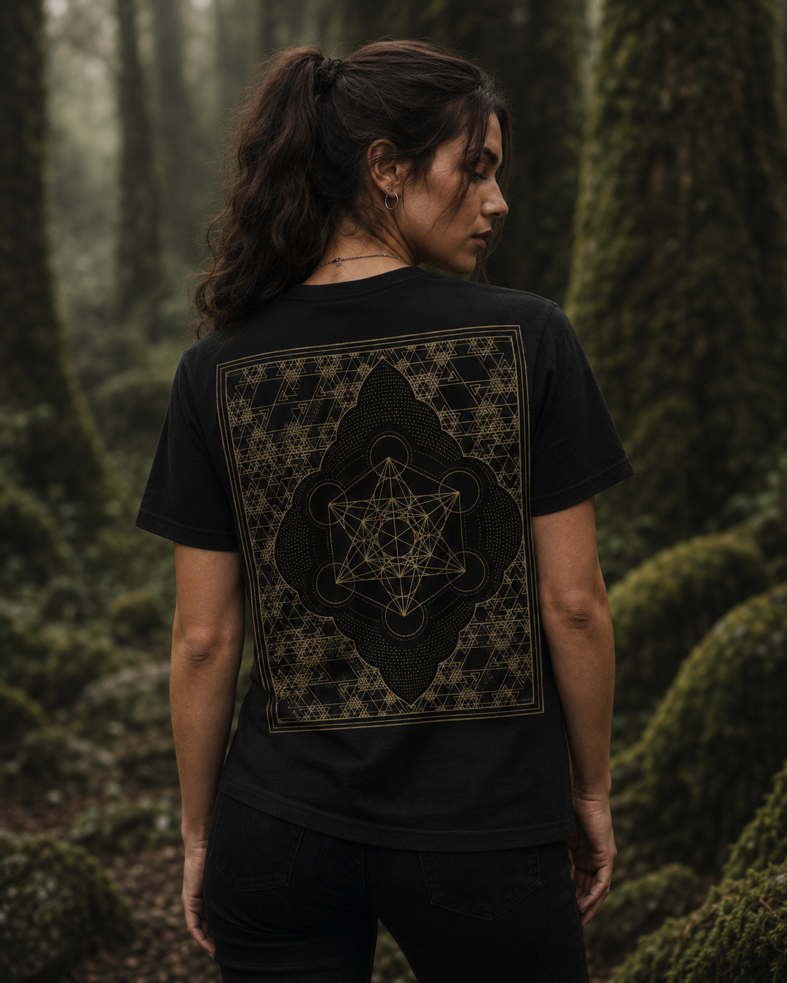 Metatron Cube Shirt, Sacred Geometry Front Back Tee, Gold Esoteric Mandala Graphic, Mystic Geometric 2 Sided T-Shirt