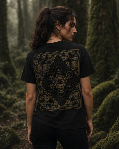 Metatron Cube Shirt, Sacred Geometry Front Back Tee, Gold Esoteric Mandala Graphic, Mystic Geometric 2 Sided T-Shirt