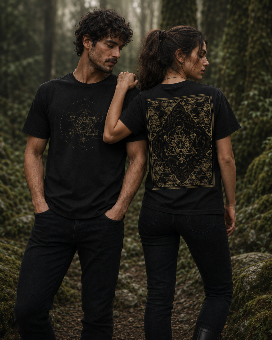 Metatron Cube Shirt, Sacred Geometry Front Back Tee, Gold Esoteric Mandala Graphic, Mystic Geometric 2 Sided T-Shirt