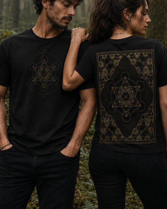 Metatron Cube Shirt, Sacred Geometry Front Back Tee, Gold Esoteric Mandala Graphic, Mystic Geometric 2 Sided T-Shirt