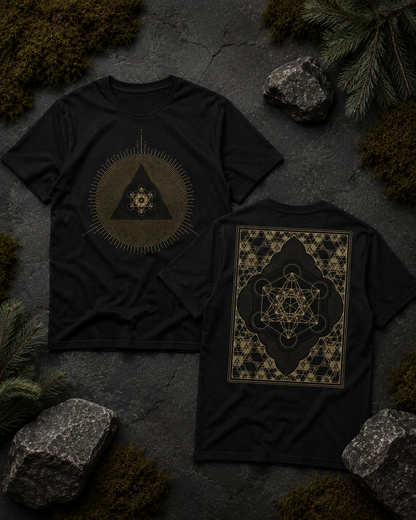 Metatron Cube Shirt, Sacred Geometry Front Back Tee, Gold Esoteric Mandala Graphic, Mystic Geometric 2 Sided T-Shirt