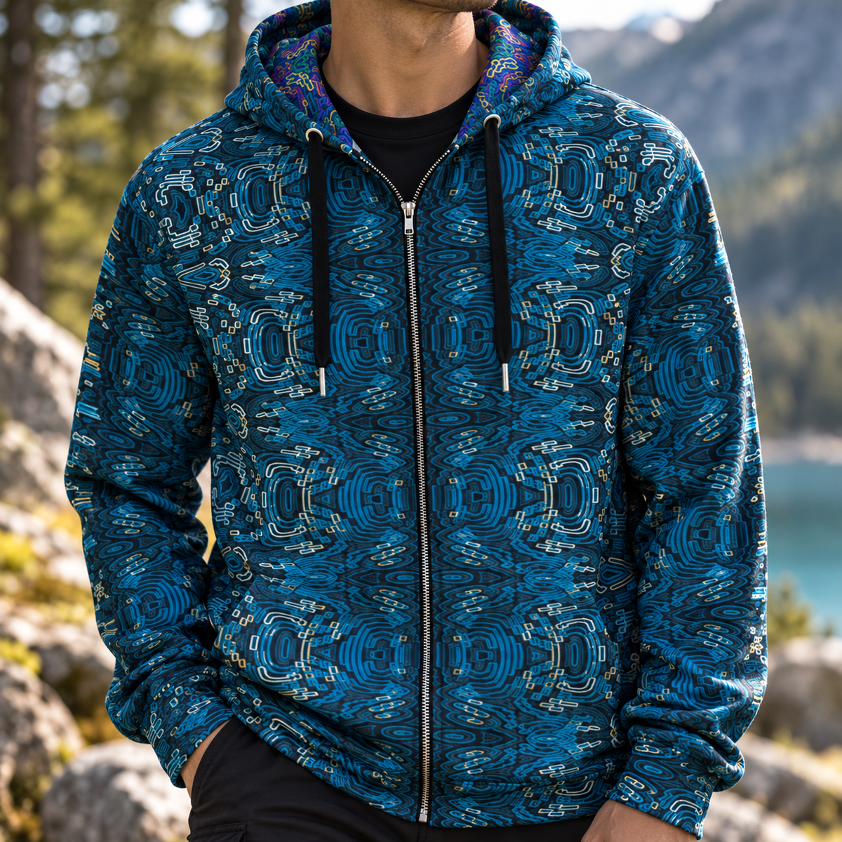 Geometric Blue Wave Pattern Zip Hoodie
