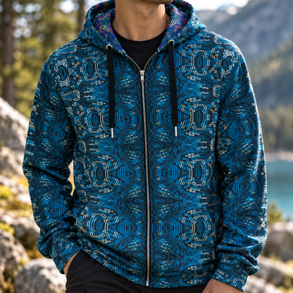 Geometric Blue Wave Pattern Zip Hoodie