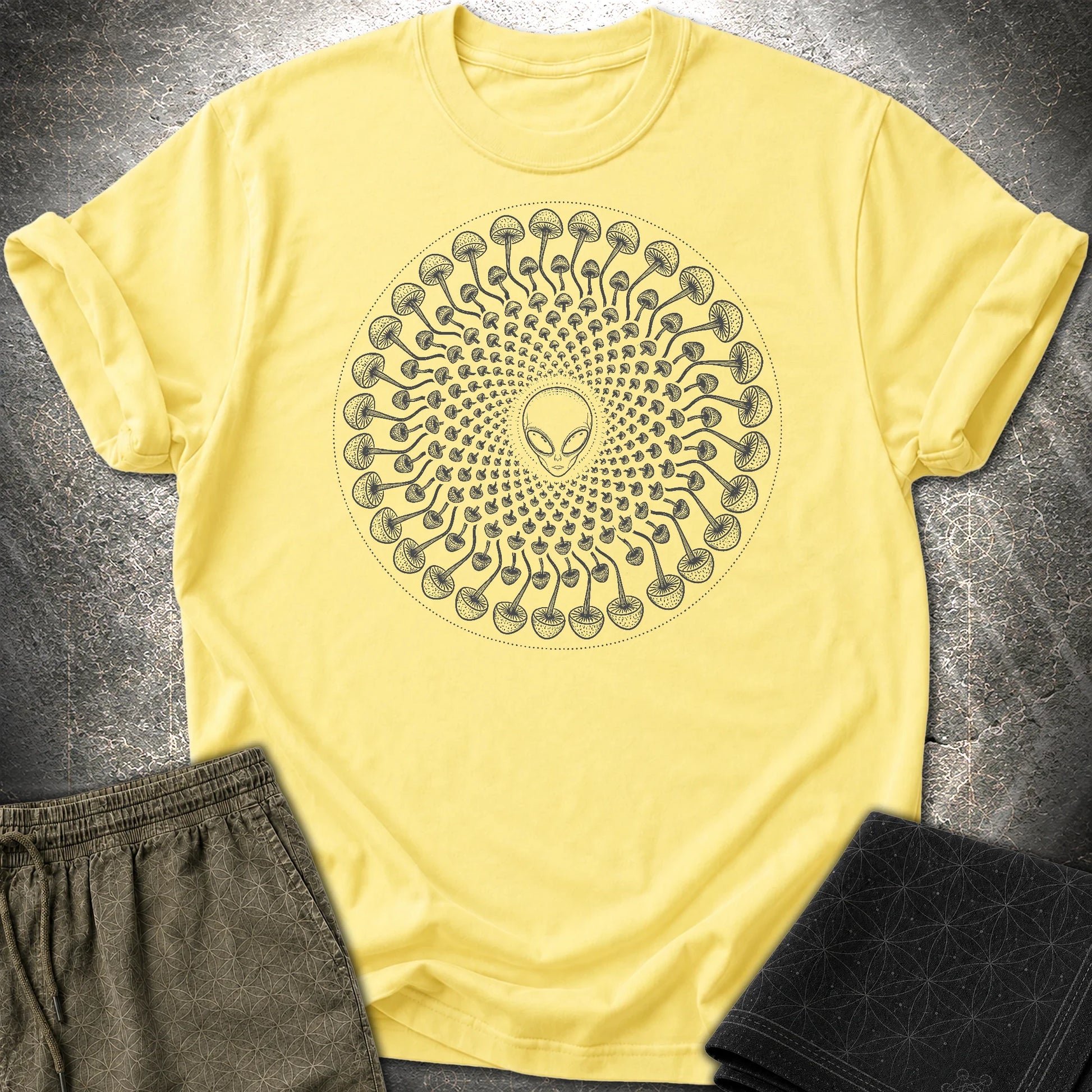 Alien Mushroom Spiral T-Shirt - Alien Mushroom Spiral T-Shirt - Cornsilk
