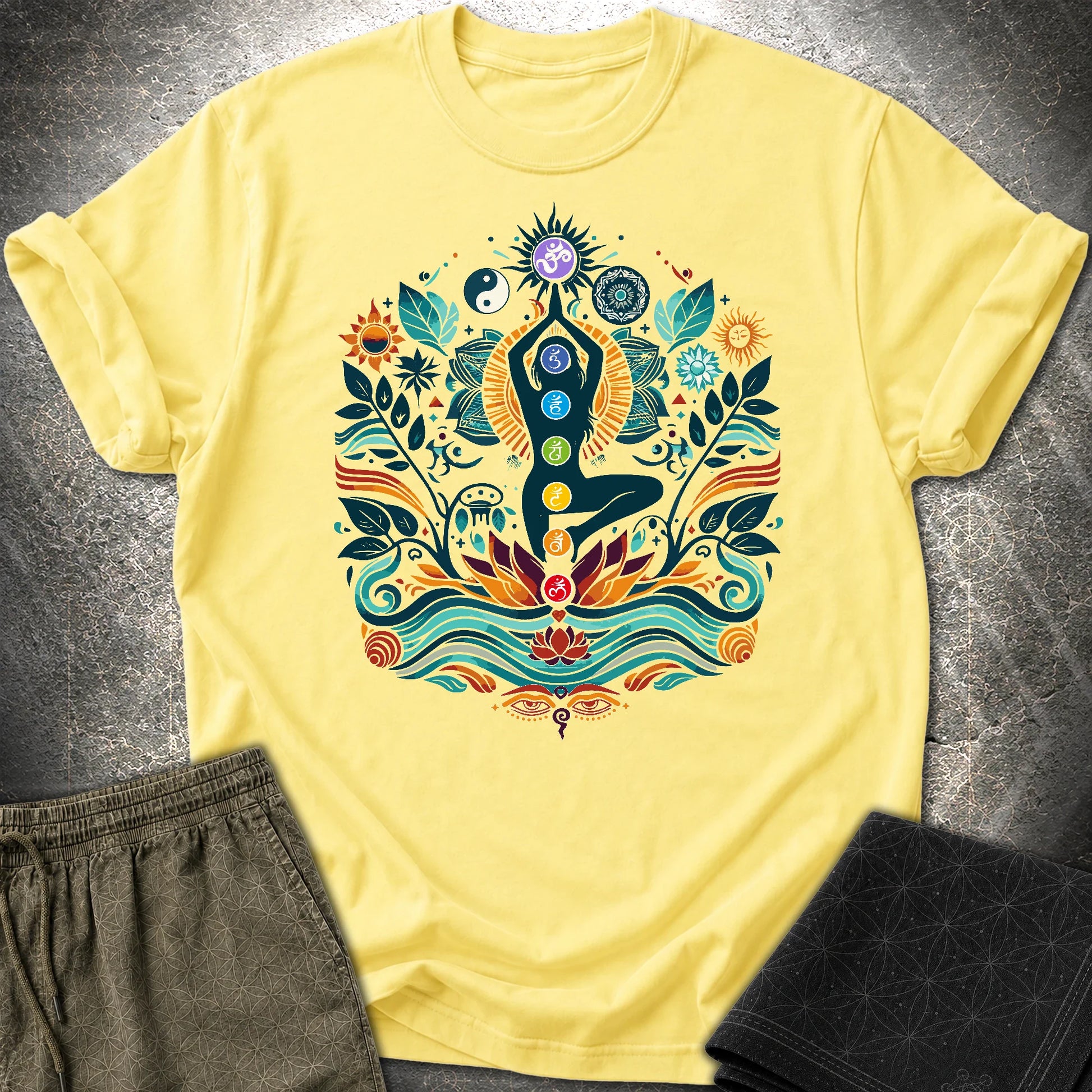 Yoga Chakras T-Shirt - Yoga Chakras T-Shirt - Cornsilk