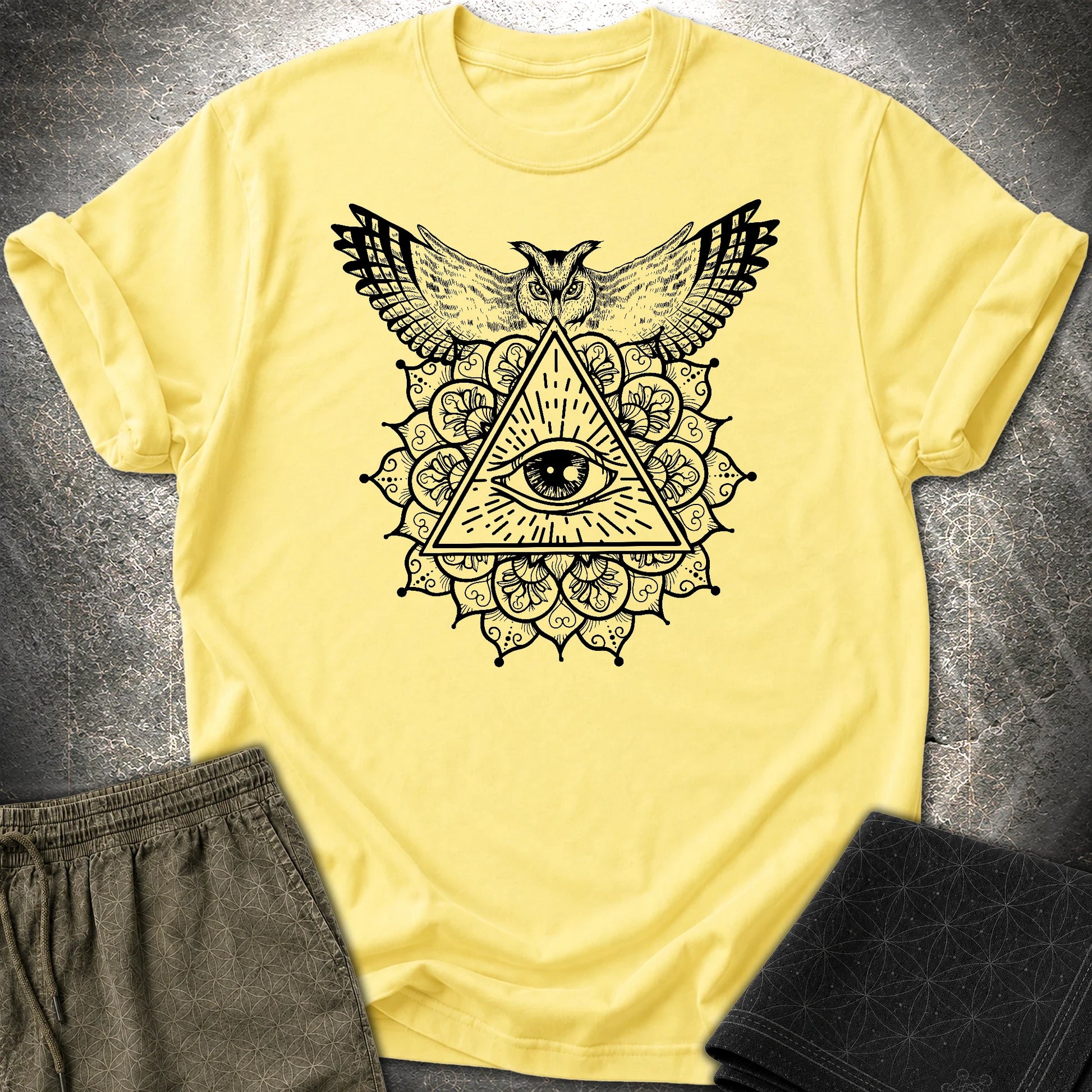 Owl Mandala Providence T-Shirt - Owl Mandala Providence T-Shirt - Cornsilk