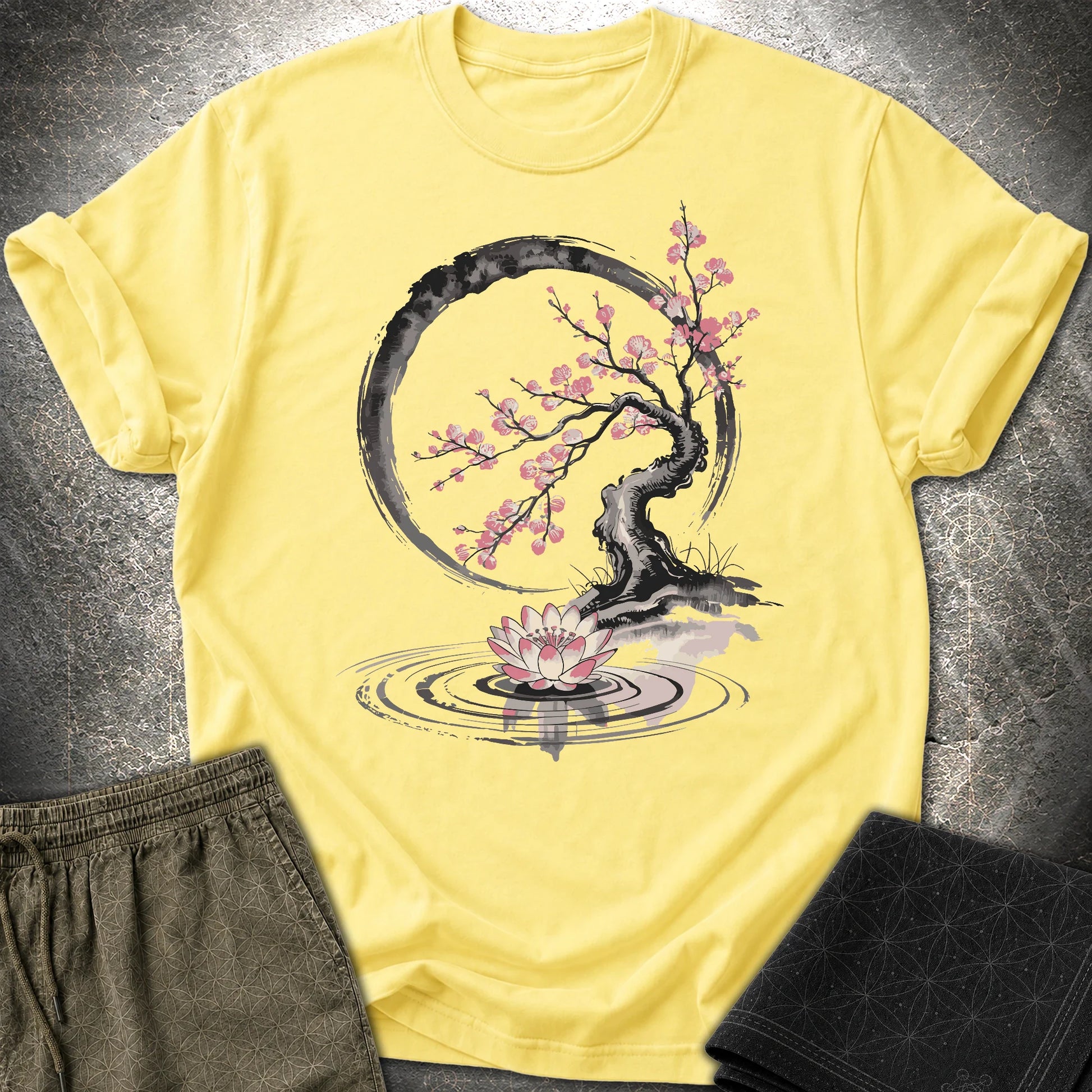 Cherry Blossom Lotus Zen T-shirt - Cherry Blossom Lotus Zen T-shirt - Cornsilk