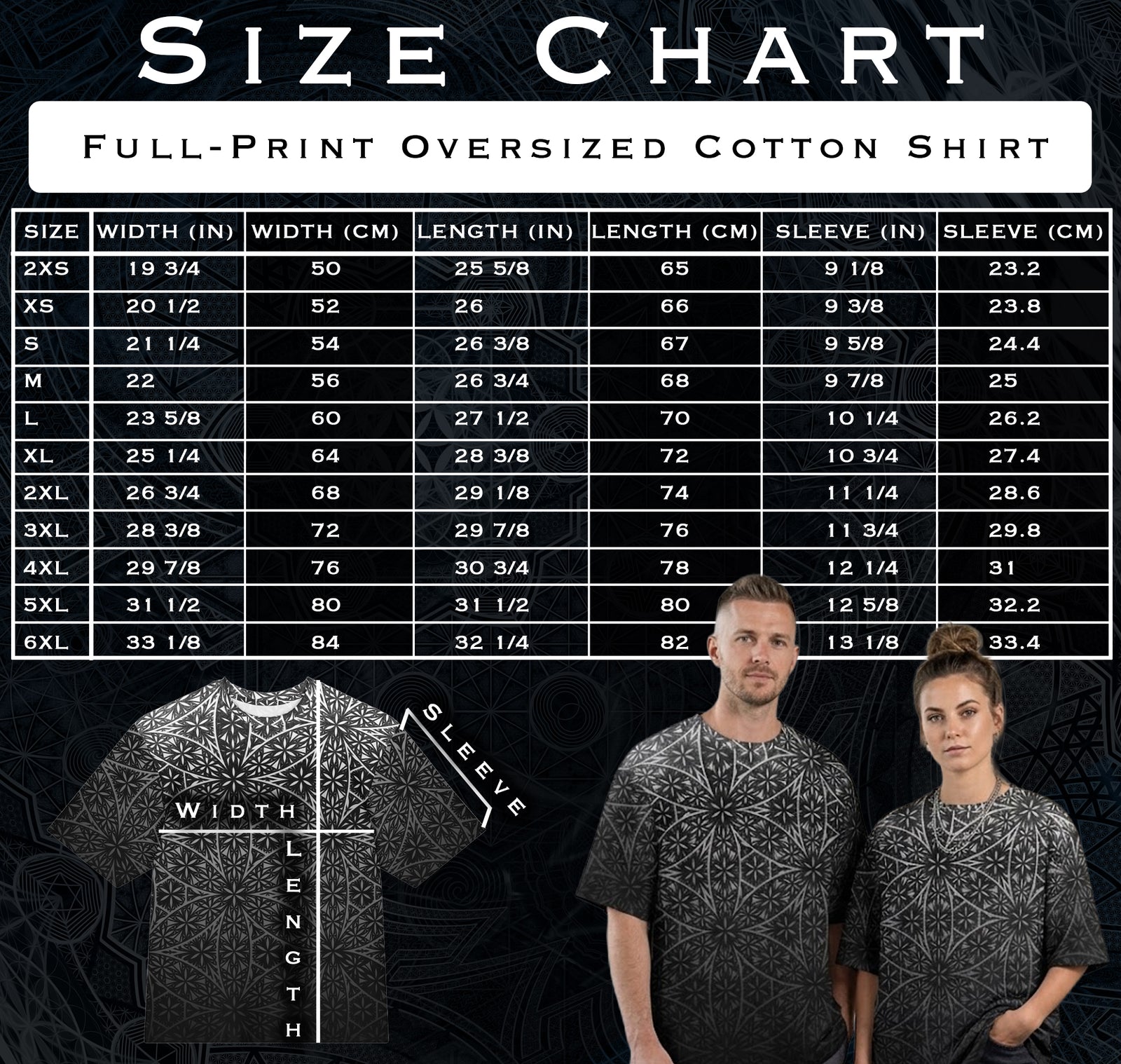Size chart for Flower Of Life Constrast Oversized Cotton T-shirt