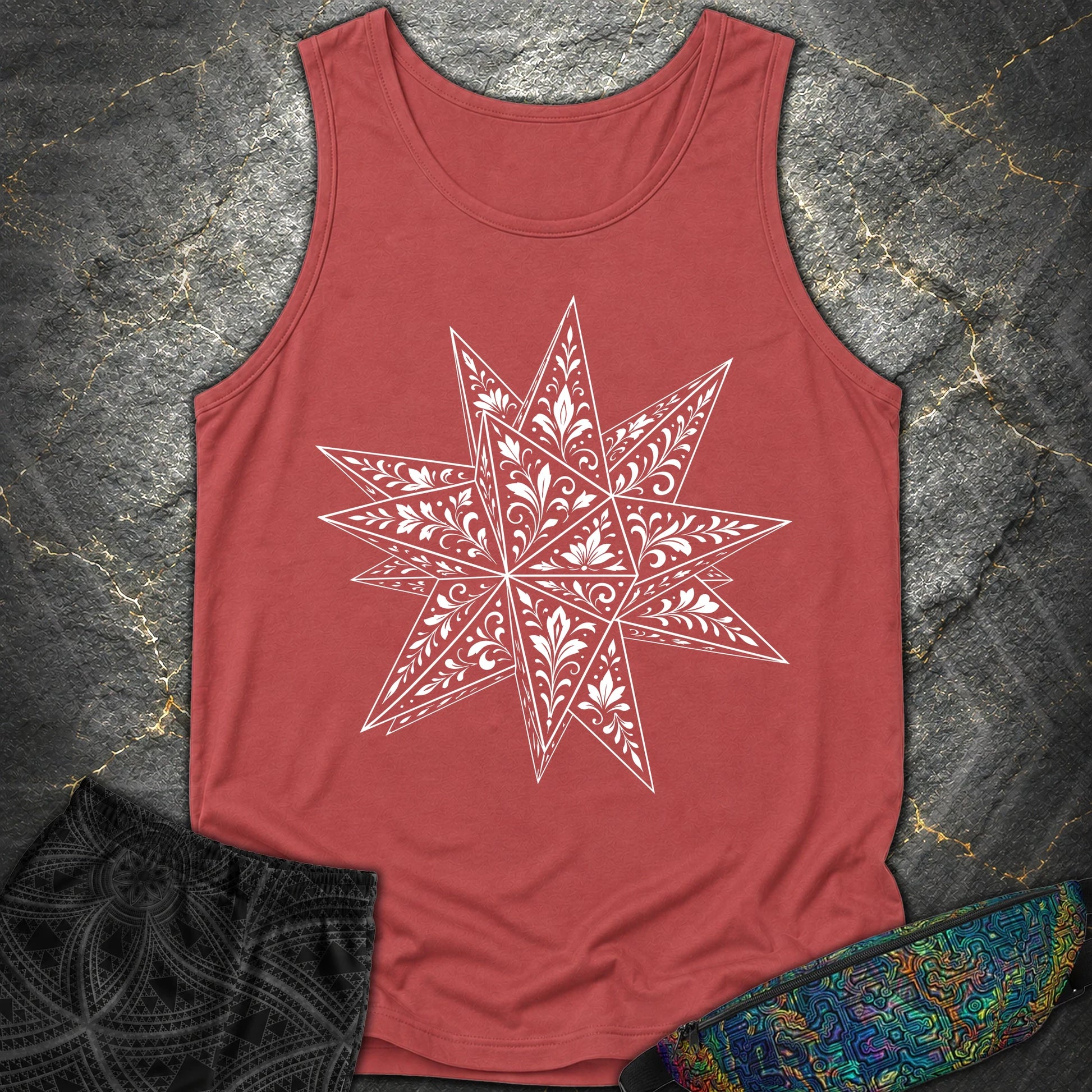 White Floral Stellated Dodecahedron - White Floral Stellated Dodecahedron Comfort Tank Top - Crimson